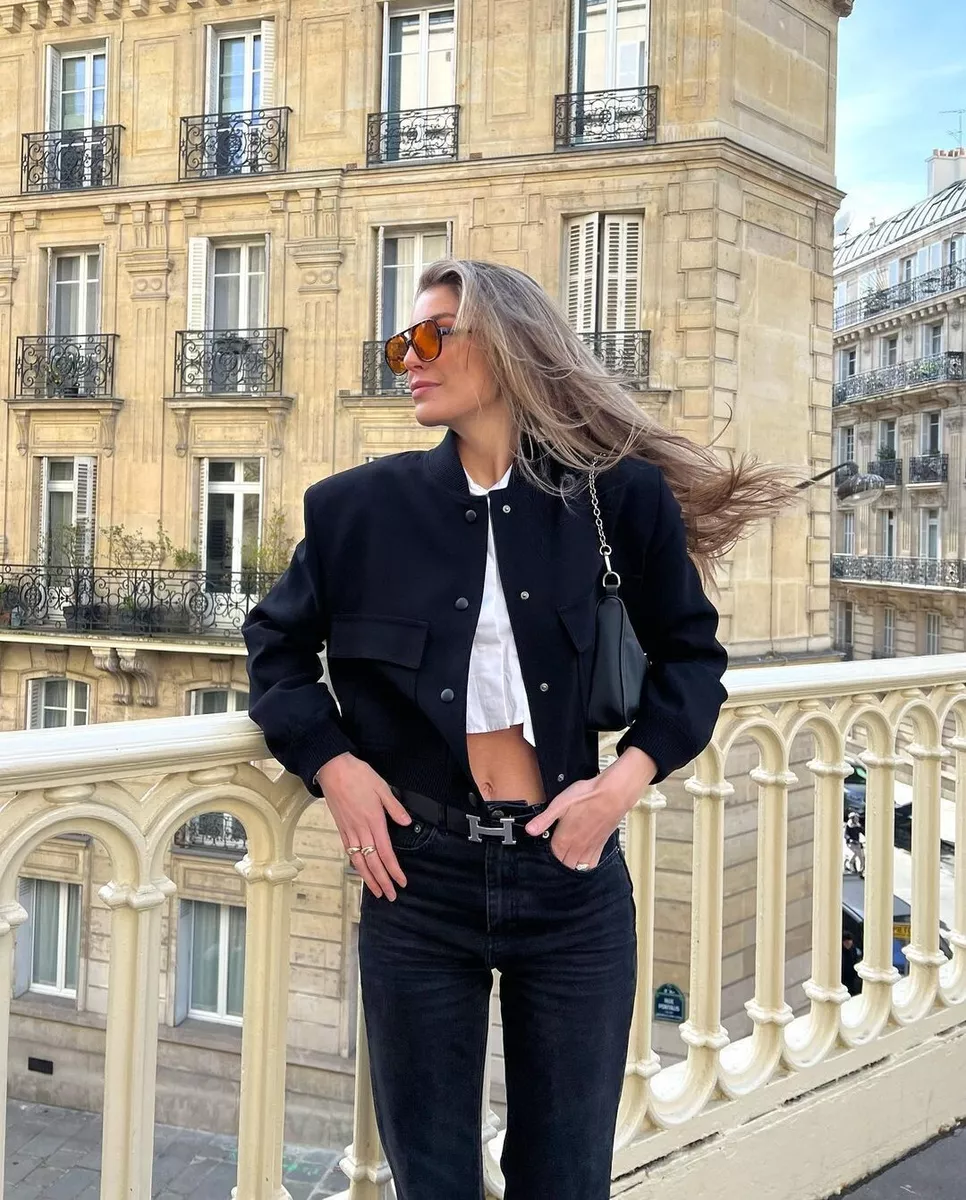ZARA NEW WOMAN BLACK CROP MAXI BOMBER JACKET WITH POCKETS SIZE L REF. 2945 187