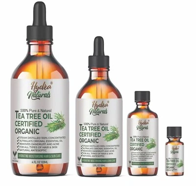HYDRA NATURALS 100% Pure Tea Tree Essential Oil Certified Organic Face Skin Hair Aromatherapy