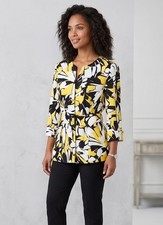 Harve Benard Belted Blazer Jacket Yellow Black White Floral 3/4 Cuff Sleeve 12