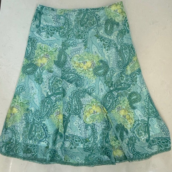 Y2k Fairy Midi Skirt Size M Blue Green Paisley Boho Chiffon Feminine Lined