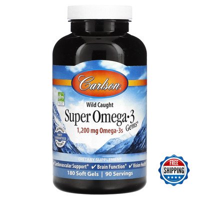 Carlson Super Omega-3 Gems, 1200mg, Heart, Brain, Vision, 100+ Soft Gels