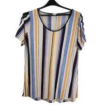 Naif Women's Tan, Blue & Pink Striped Blouse Size 2X 21522-0548