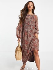 MANGO MNG BNWOT SIZE 8 SHIRRED MIDI DRESS LONG SLEEVE AUTUMNAL COLOURS Rrp £50