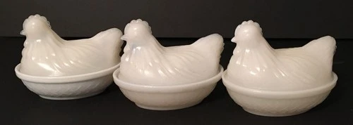 Hazel Atlas Vintage White Milk Glass Hen on a Nest Set of 3