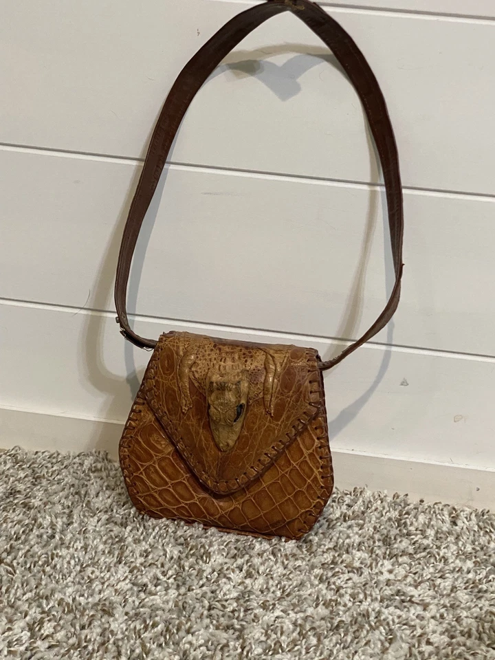 Mini bolso de mano vintage de taxidermia de cuero de cocodrilo genuino Foto 2 de 4