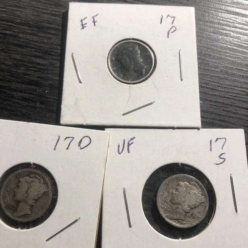 1917-PDS Mercury DIMES. FINE CONDITION. KEY DATES 3 Coins