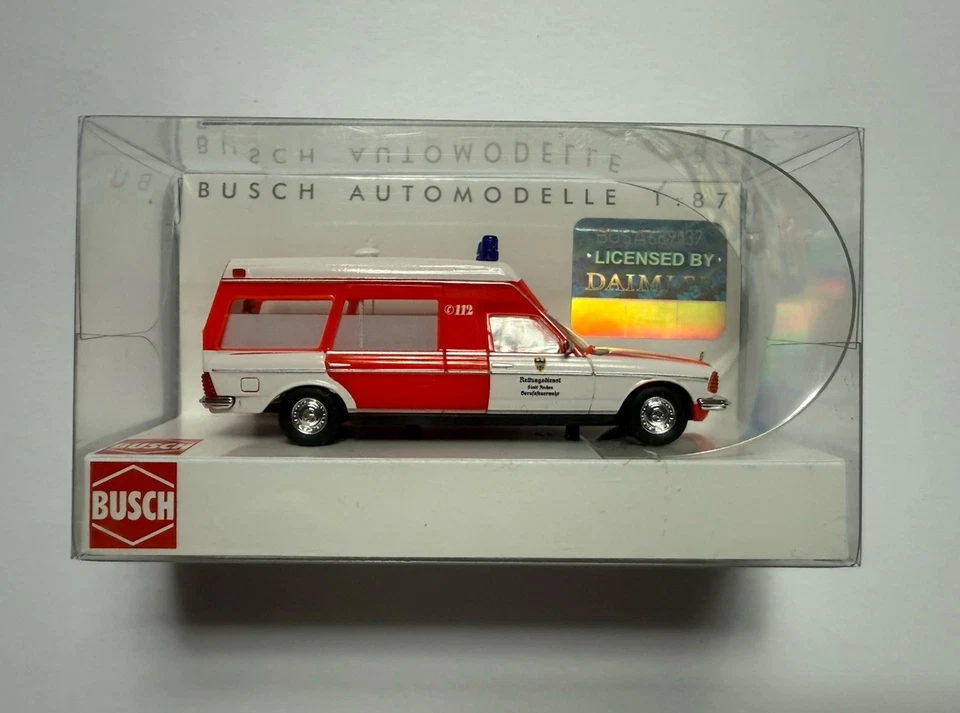 Top: Busch 52200-100 Mercedes VF 123 Miesen Rettung Aachen Automodell 1:87!
