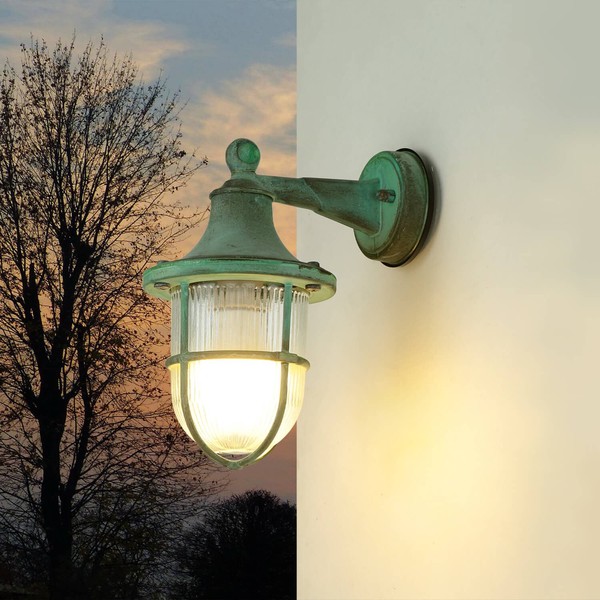 Wandleuchte AußEn IP64 E27 GrüN Antik Glas Messing Massiv Maritim AußEnlampe-image