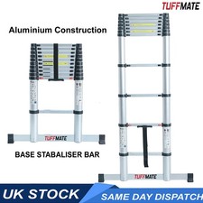 Telescopic Ladder Aluminium 2.6m Max Height 8 Treads Wide Base Stabaliser Bar