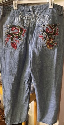 Ninth Ambush Hall Men s Blue Denim Straight Jeans Mid Rise Dragon Embroidered