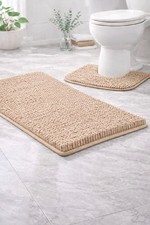 2PC Chenille Bath Mat Set Non Slip Soft Absorbent Bathroom Rugs Pedestal Toilet