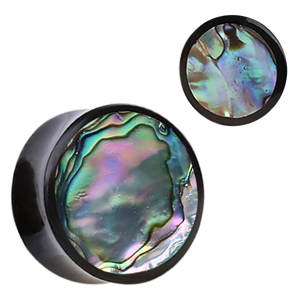 PAR de enchufes orgánicos de cuerno de búfalo negro con incrustación de abulón Foto 4 de 4