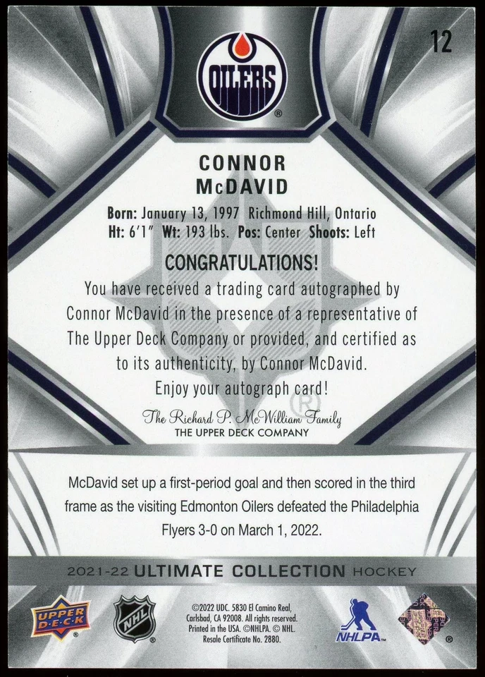 2021 Ultimate Connor McDavid Auto Black 1/1 #12 Edmonton Oilers - Image 2 of 2