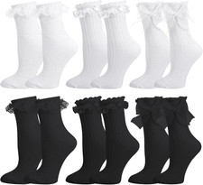 6 Pairs Lace Ruffle Crew Socks for Women,Cotton Cute Princess White, Black