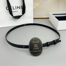 CELINE Triomphe Oval Plaque Leather Belt 1.3cm Black Gold Tone Buckle