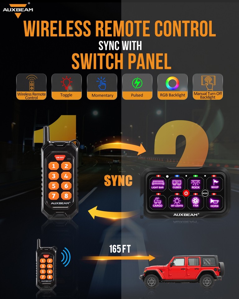 For Jeep Light Switch Auxbeam RGB 8 Gang Switch Panel Set Remote ...