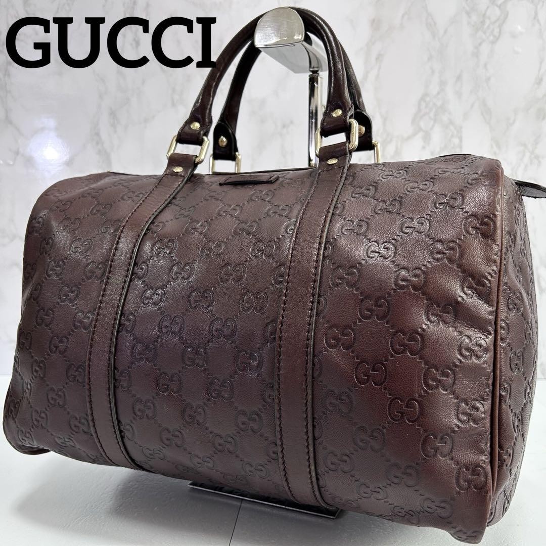 GUCCI Shima Leather Mini Boston Bag in Brown with Gold GG Pattern Hardware Pre-Owned