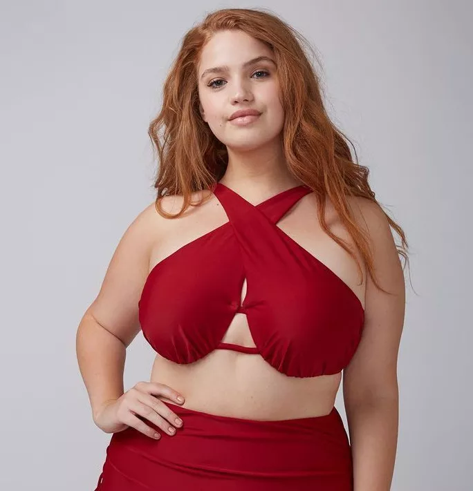 LANE BRYANT Cross Front Bikini Top Bandeau Bra Swim Tankini RED SPICE 46C NW