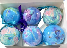 NEW IN BOX- GREATER GOOD 6X Blue Purple Butterfly  Ball Ornaments