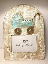 BABY CARRIAGE FRAME Handmade Fits 5 x 7 Photo, OOAK Art Baby Shower Boy 10 x 13