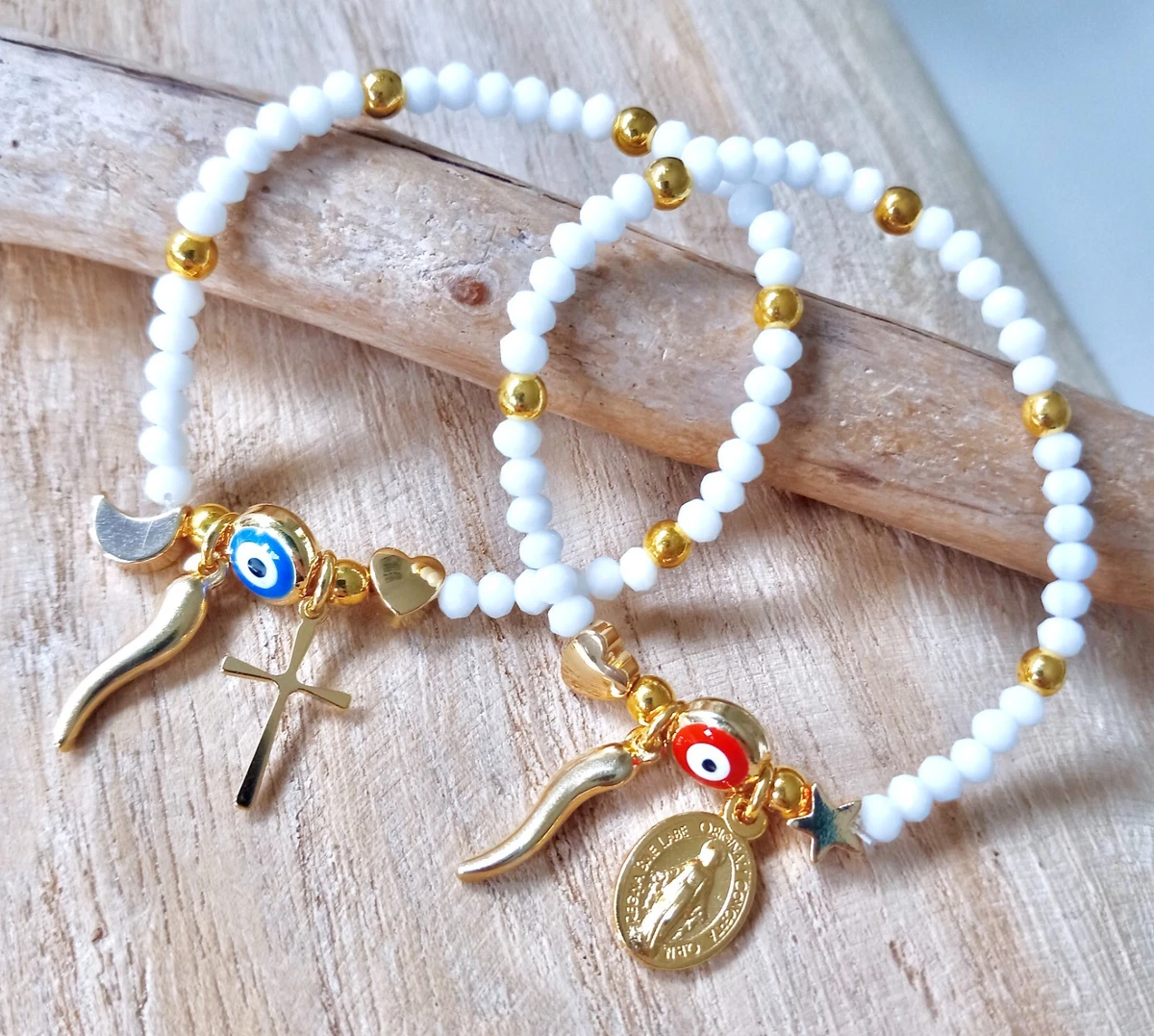 Catholic Baby Bracelet Gold Charm Evil Eye Horn White Crystals Child  Adult  eBay