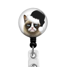 Christmas Grumpy Cat Black Santa Hat Badge Reel Retractable Badge Holder, 309C