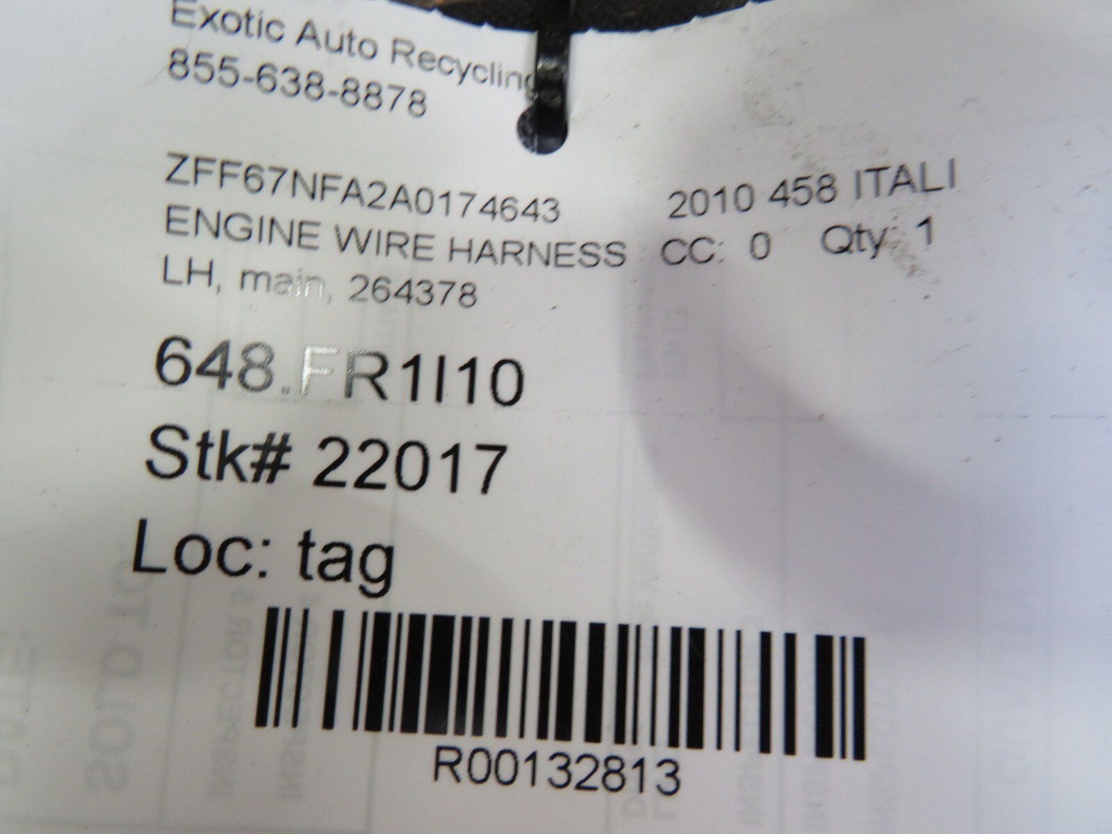 Ferrari 458 Italia, LH, Left, Main Engine Wire Harness, Used, P/N 264378