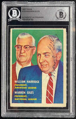 Signed Warren Giles 1957 Topps #100 Rookie Card HOF NL President RC Auto BAS BGS