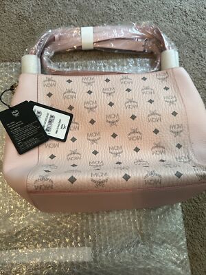 New MCM Medium Klara Monogram Leather Hobo Bag Power Pink+Dust