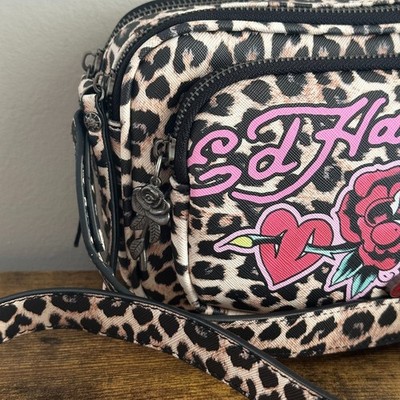 New Ed Hardy Leopard Crossbody Handbag Pink Heart Rose Tiger
