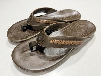 OluKai Mea Ola Mano Men's Leather Sandals Dark Java Size 14 MSRP $140