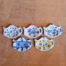 5 Sadek Porcelain Lavender Blue Floral Teapot-Shaped Butter Pat/Tea Bag Holders