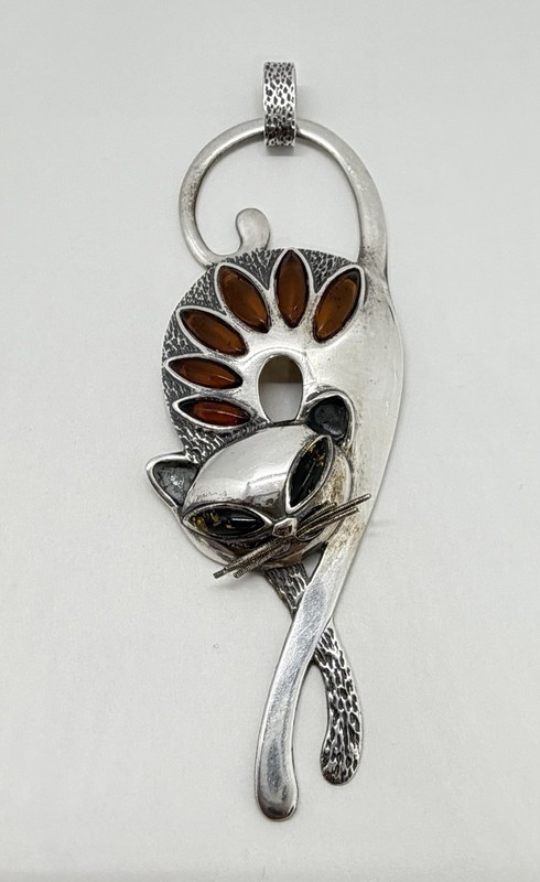 Huge Vintage Handmade Poland Sterling Silver Amber Cat Pendant 4”in