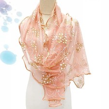 Elegant Soft Golden Silk Embroidery Flowers Shawl Scarf Women Hijab Wraps Scarve