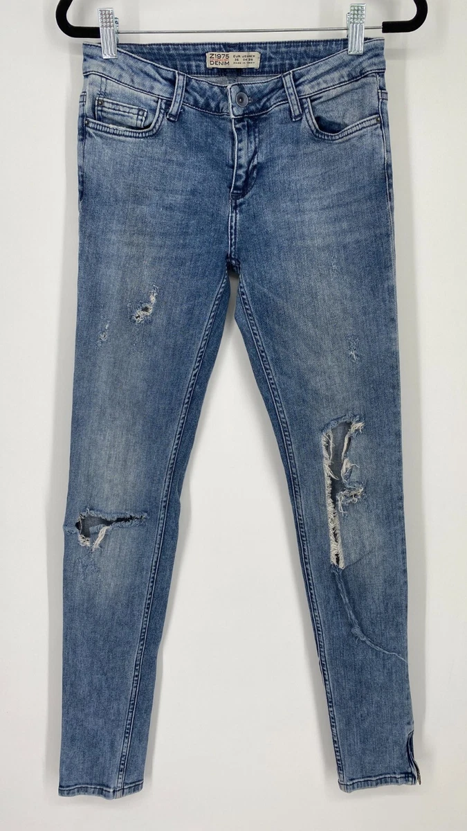 Zara Z1975 Skinny Fit Jeans Women Size 4 Low Rise Stretch Distressed Denim Blue