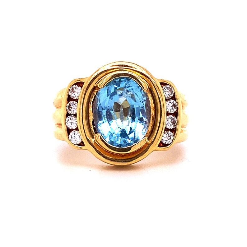 Gold Plated Silver Oval Blue Topaz Diamond Cocktail Ring