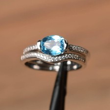 Natural Swiss Blue Topaz Ring Set In 925 Sterling Silver White Gold Plated Ring