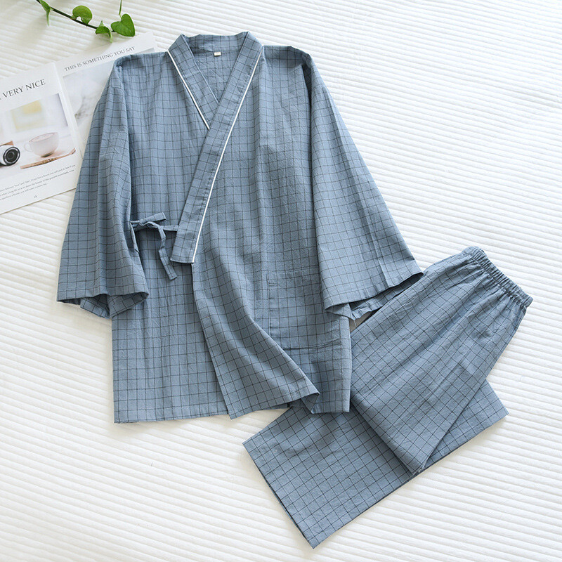 New Men Japanese Kimono Pajama Set Long Pants Cotton Sleepwear Nightwear Unisex