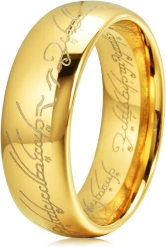 8Mm Mens Womens Tungsten Wedding Ring 18K Gold Plated Engagement Band Script ...