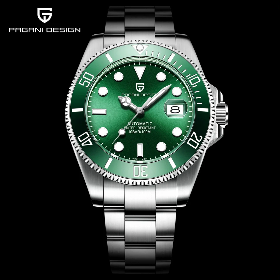 Reloj automático para hombre PAGANI MIYOTA cristal de zafiro correa de acero esfera negra/verde  Foto 4 de 4