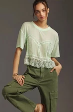 NWT Dolan Short-Sleeve Sheer Lace Top Medium Mint Green Ruffled Anthropologie