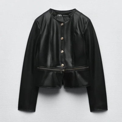 ZARA Black 2 in 1 Faux Leather Snap Jacket Zip Crop Length  3046/055 Sz M NWT