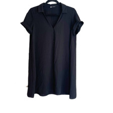 Zara Half Button Shirt Dress Short Sleeve Collar Neck Black Women's Size S