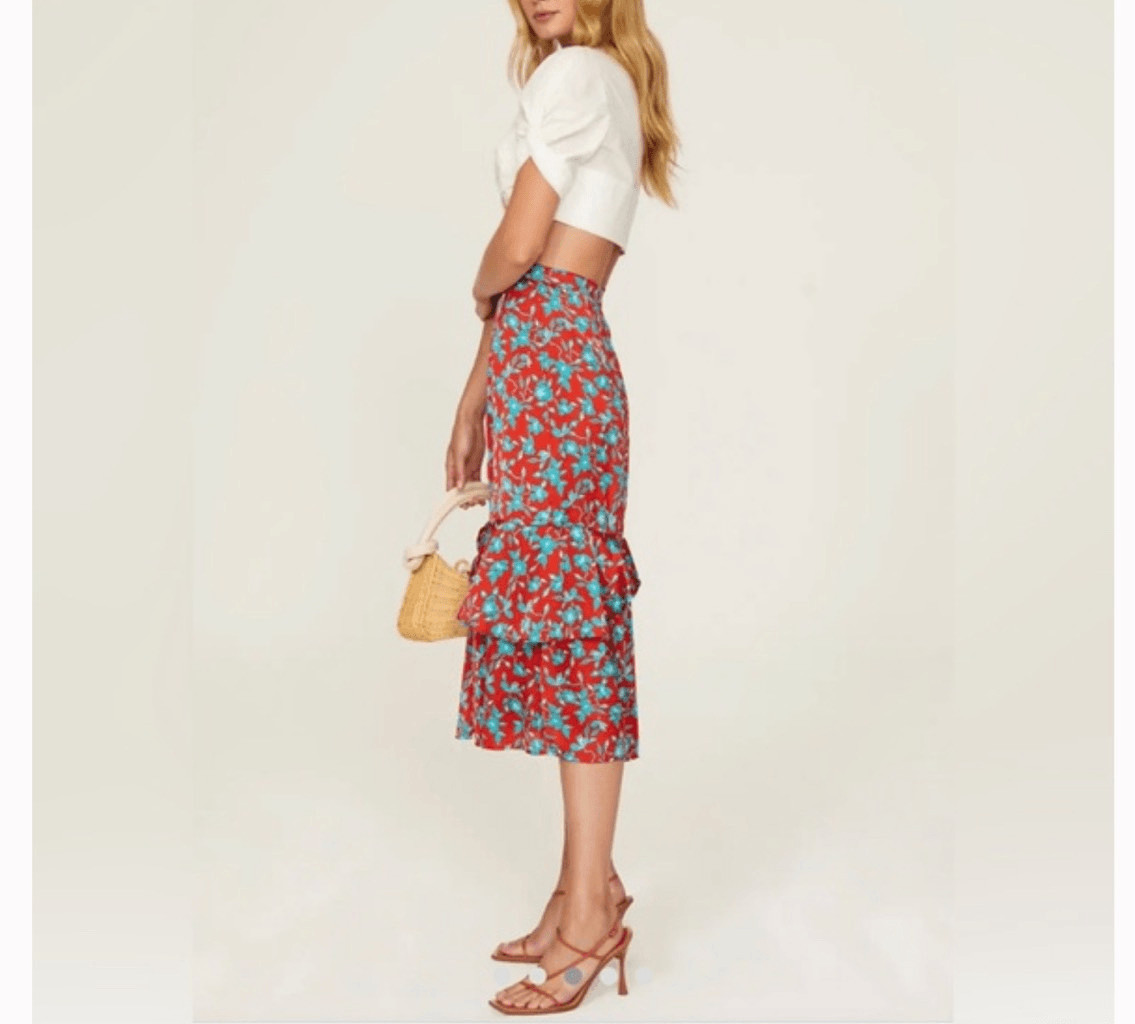 Love, Whit. By Whitney Port Red Blue Floral midi Skirt Size Large