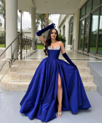 Elegant Royal Blue A E Evening Dresses Beads Crystal Sweetheart Split Party  Prom