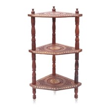Indian Hand Carved Sheesham Wood 3 Shelf Corner Rack with Brass Floral Motif