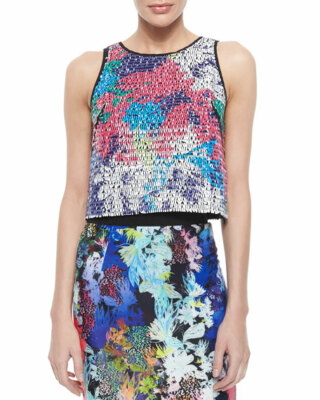 New! $295 MILLY Floral-Print Paillette Crop Top Size 8 Multi Sequin
