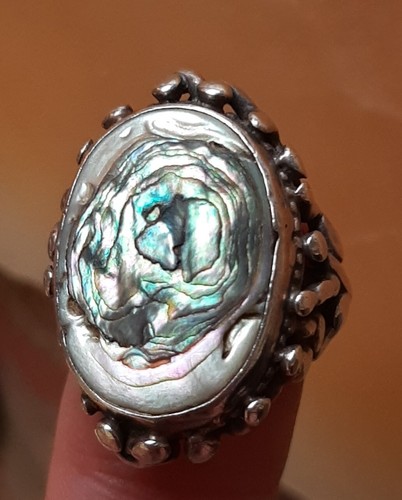 Ring Brutalist Sz 6.5 Sterling Silver 13g. Colorful & Cosmic Abalone MCM - Picture 3 of 15