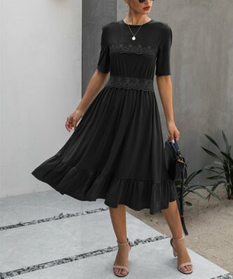 Black Lace-Detail Ruffle-Hem Midi Dress Size L | eBay
