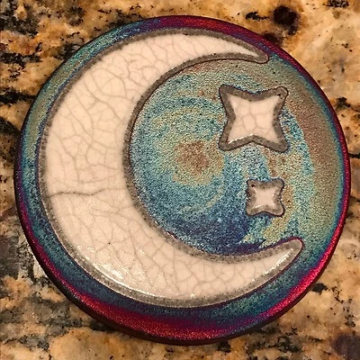 Crescent Moon Coaster Raku Pottery, handmade, handsigned - NEW
